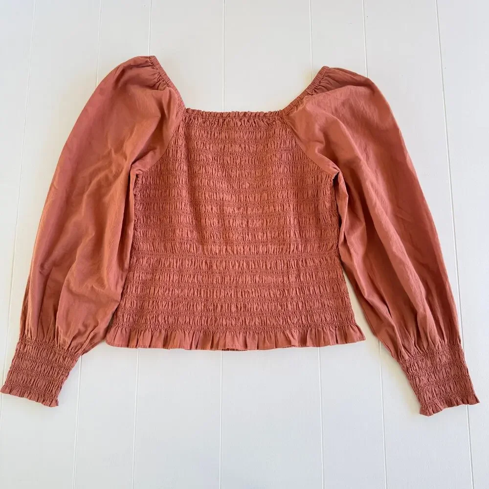 Madewell Lucie Bubble-Sleeve Smocked Top Peasant Blouse